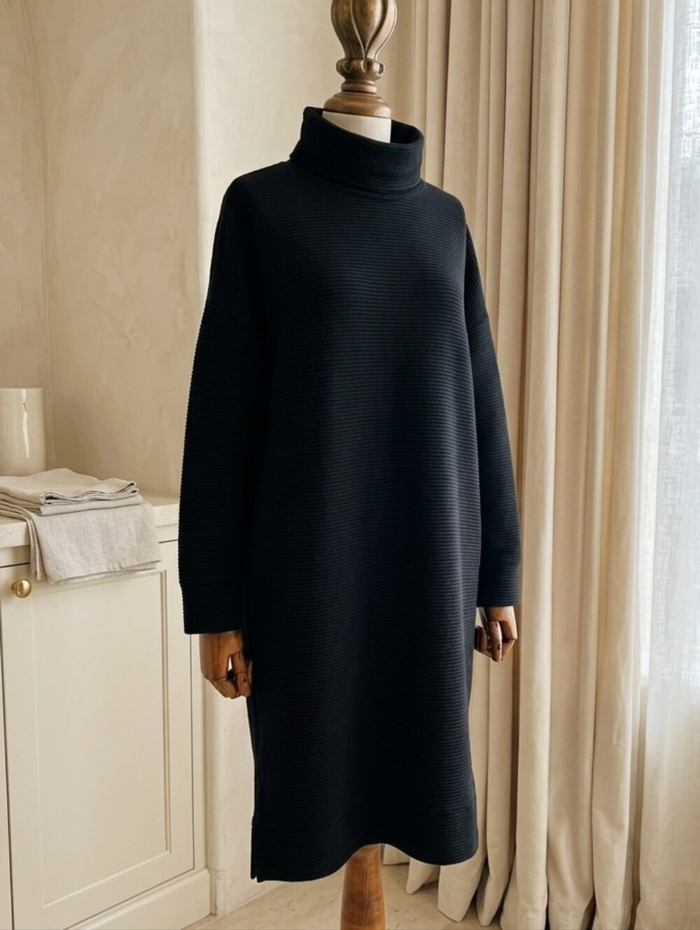 A New Day Black Ribbed Cowl Neck Dress Sz M